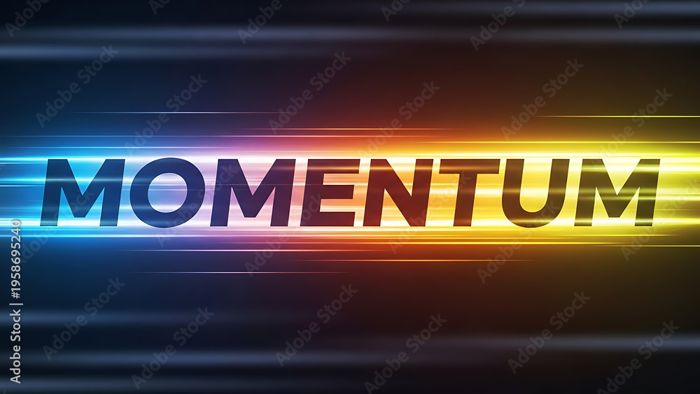 Fototapeta premium Blue and yellow motion blur text m o m e n t u m on dark background