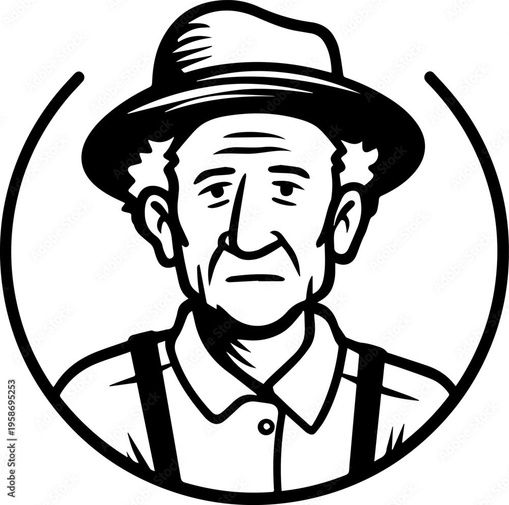 Obraz premium Hand Drawn Elderly Farmer Man Black and White Illustration in Minimal Solid Art Style Design