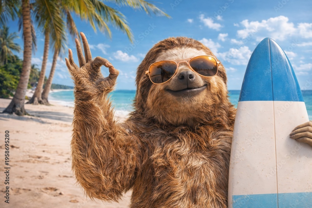 Obraz premium Funny Sloth with Surfboard on Tropical Beach Summer Vacation Travel Concept
