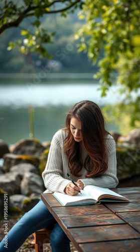 Young woman writing in a notebook outdoors by a tranquil lake.