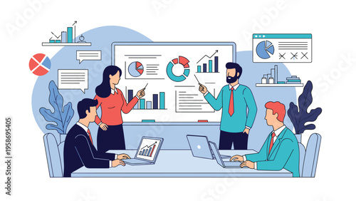 Professional business team analyzing financial data and growth charts during a collaborative meeting in a modern office environment.