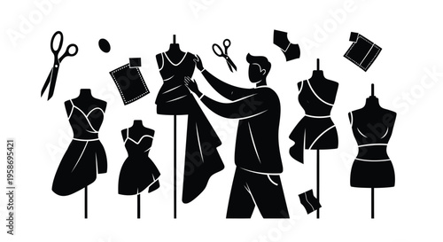 Fashion design, tailor, dressmaker, silhouette icons, clothing, vector graphics