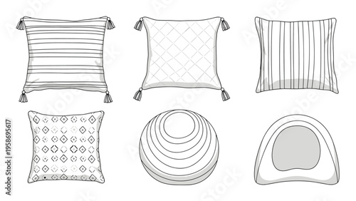 Diverse set of hand drawn pillow and cushion sketches featuring different patterns, shapes, and decorative tassel details for home.