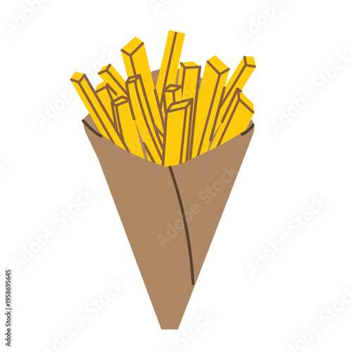belgian fries or french fries in paper cone, crispy potato snack illustration, fast food takeaway, street food symbol -vector illustration