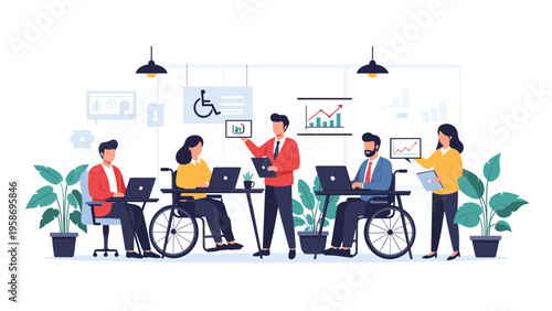Inclusive group of diverse professionals working together in a modern office space featuring accessible desks and digital technology.