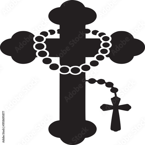 A black cross silhouette with a rosary draped around it on a white background in simple design