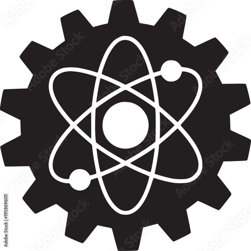 A black gear with an atom symbol inside on a white background in a simple vector style image