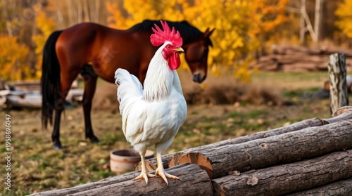 Majestic white rooster on logs with a horse and vibrant autumn foliage.