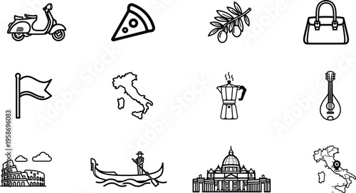 Italian culture and travel icons including scooter food and landmarks  symbols of Italy