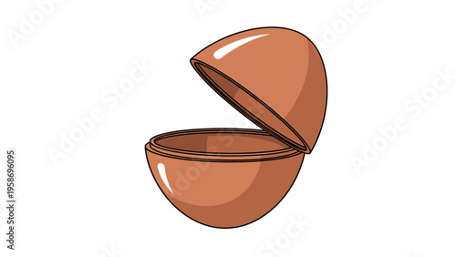 Detailed drawing of an open round wooden case or decorative nut shell with a visible hollow center on a plain white background.