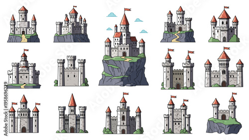 Beautiful set of various medieval castle illustrations perched on rocky cliffs and green hills with red flags flying from towers.