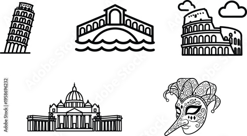 Venice and Rome landmarks with carnival mask  Italian travel icons