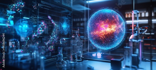 Scientists in a laboratory working with a futuristic holographic display and a glowing blue and orange sphere