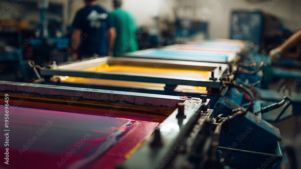 Obraz premium Industrial screen print process on a textile machine with vibrant inks, showcasing manual craftsmanship and factory production for custom apparel and design
