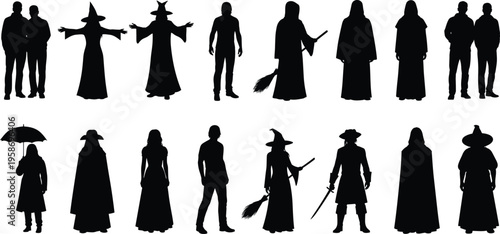 Halloween witch silhouettes fantasy characters spooky costume people magic broom cloak mysterious dark vector illustration isolated collection set