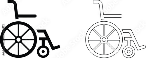 Minimalist wheelchair icons in solid and outline styles, medical mobility equipment vector set, disability access and healthcare symbols