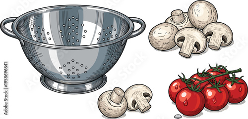 Kitchen Colander with Fresh Vegetables Vector Illustration Featuring Vine Tomatoes and White Button Mushrooms for Cooking and Meal Preparation Isolated on White Background