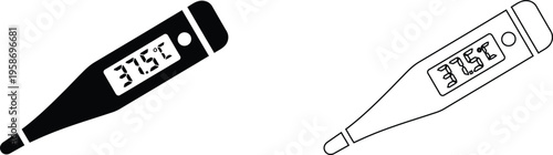 Digital medical thermometer icon set, black silhouette and outline fever measurement tools, electronic clinical thermometer showing 37.5 degrees Celsius