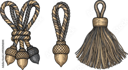 Luxury Decorative Curtain Tassels and Braided Rope Tiebacks Vector Illustration Set Featuring Acorn Motif and Silk Fringe Isolated on White Background