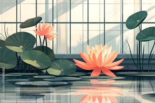 The elegant tranquility of fresh green water lilies under the light