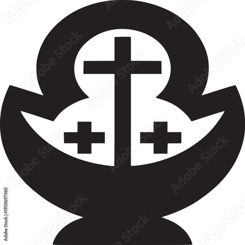 A stylized black and white religious symbol featuring crosses and a crescent moon shape design element