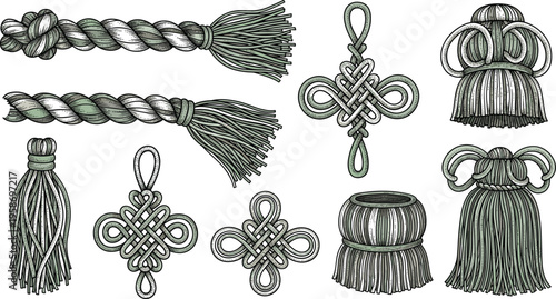 Luxury Decorative Macrame Knots and Braided Rope Tassels Vector Illustration Set Featuring Intricate Silk Fringe and Cotton Cord Ornaments Isolated on White Background