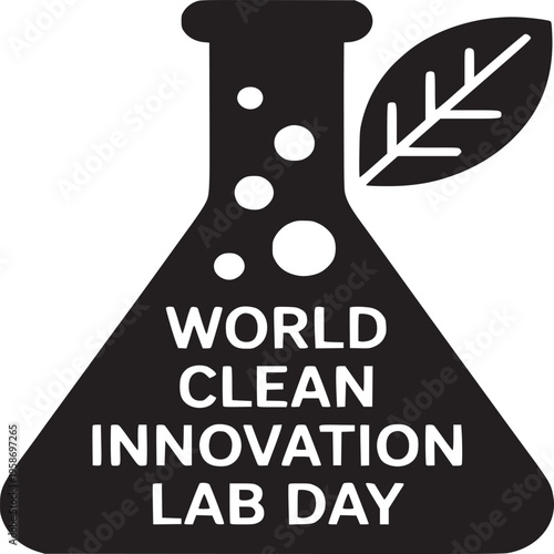 Black silhouette of a flask with bubbles and a leaf with world clean innovation lab day text inside