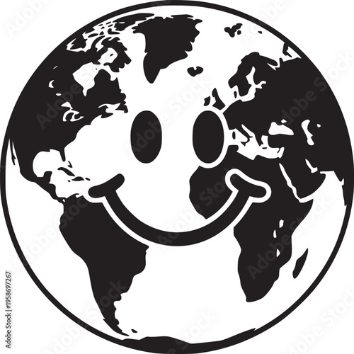 Earth globe with a smiley face in black and white minimalist design on a white background art