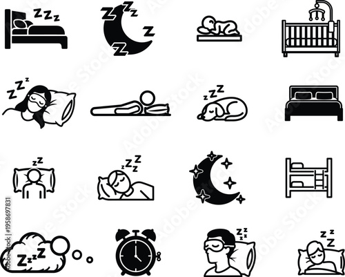Black and white line icons of people and animals sleeping on beds and pillows