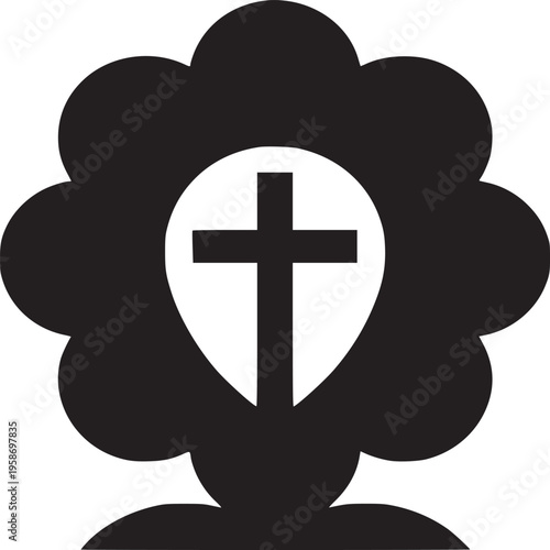 A black and white graphic of a cross inside of a flower shape on a white background in simple style