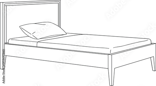 Minimalist black and white line art illustration of a modern single bed with headboard and pillow for bedroom interior design