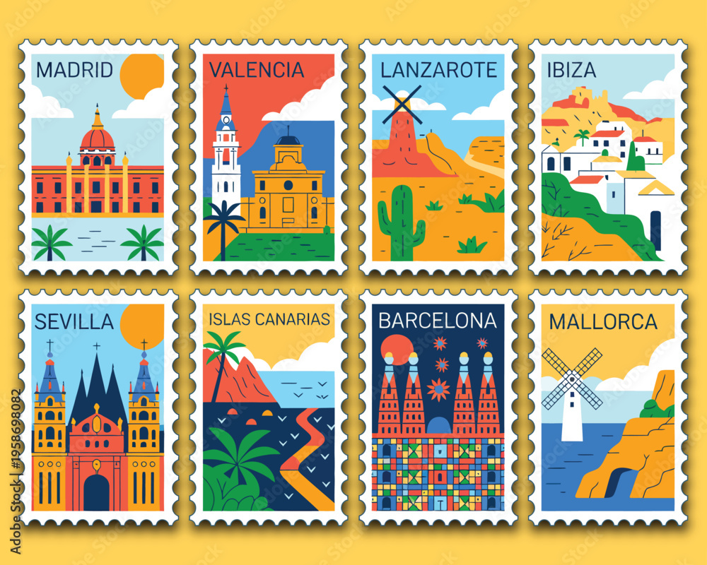 Obraz premium Spain stamps vector illustration, travel badge set featuring Madrid Valencia Barcelona Sevilla Ibiza Mallorca Canary Islands and Lanzarote destinations.