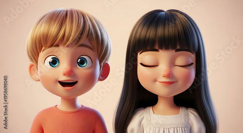 3d animated cartoon boy and girl characters with distinct facial expressions