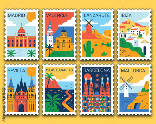 Spain stamps vector illustration, travel badge set featuring Madrid Valencia Barcelona Sevilla Ibiza Mallorca Canary Islands and Lanzarote destinations.