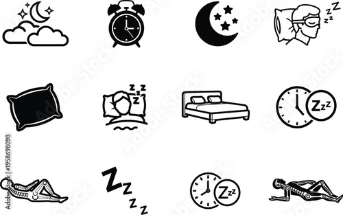 Sleep and rest icons with clocks and pillows on white background