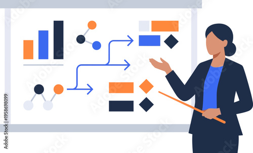 Businesswoman presenting data analysis on whiteboard with graphs