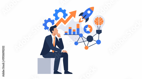 Businessman thinking with innovative ideas and growth charts around him