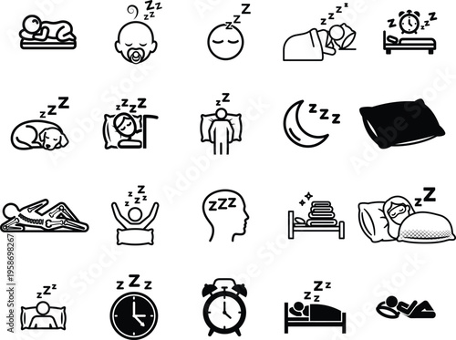 Sleep and rest icons with people animals and objects  various sleeping positions and symbols