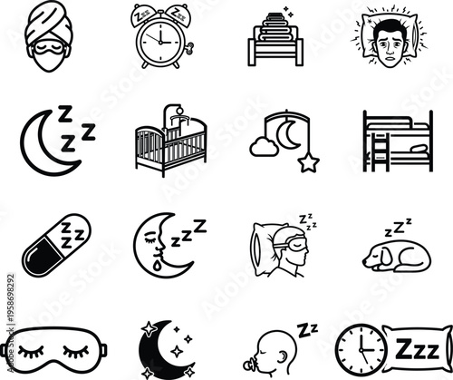 Sleep and rest icons with various objects and symbols for insomnia and tiredness