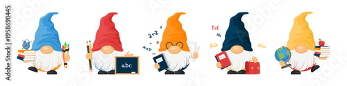 Set of school gnomes with education supplies. Character vector illustration