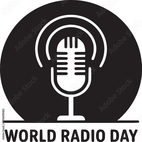 Black and white world radio day logo featuring a microphone inside of a black circle design element