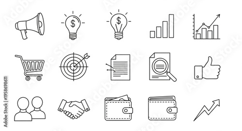 Business and marketing icons representing ideas, growth, and success in a creative design.