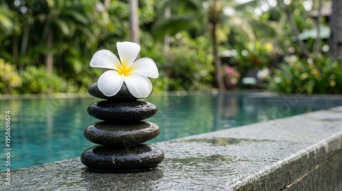 Serene Poolside Scene with Balanced Stack of Smooth Black Stones and Fresh White Flower