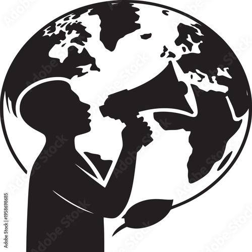 Silhouette of person with megaphone in front of earth globe advocating for environmental awareness