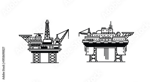Two oil rigs depicted in a minimalist black and white line art style