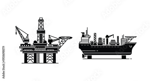 Black and white illustration of an oil rig and a tanker ship