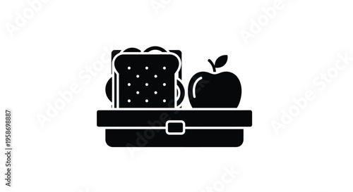 A simple black silhouette of a lunchbox containing a sandwich and apple