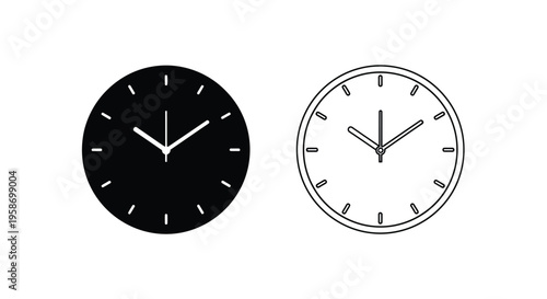 Two minimalist clocks displaying the same time one black and one white