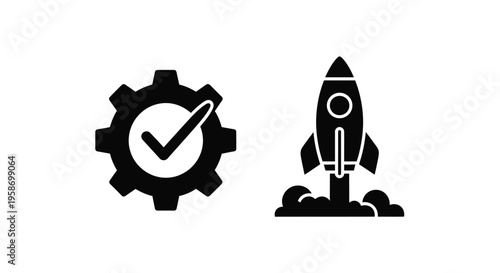 Startup concept with a rocket launch and a confirmed gear icon