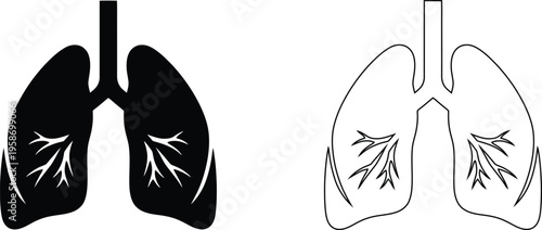 Human lungs vector icons set, anatomical respiratory system silhouettes, medical breathing organ symbols for healthcare and biology education